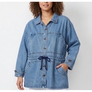 Vintage Sunbelt Denim 90s Jacket Button Up Tie Waist Women Size XL Made In USA